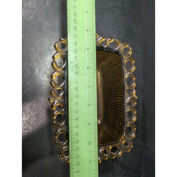 FTDA Amber Glass Candy Dish, Lace Ribbed‎ Pedestal Bowl, VTG Home Decor, Planter - Picture 5 of 11